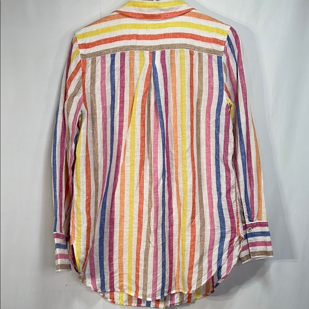 🌋 Talbots Striped linen Blouse  Long Sleeves yellow white orange tan pink blue: - Picture 4 of 4